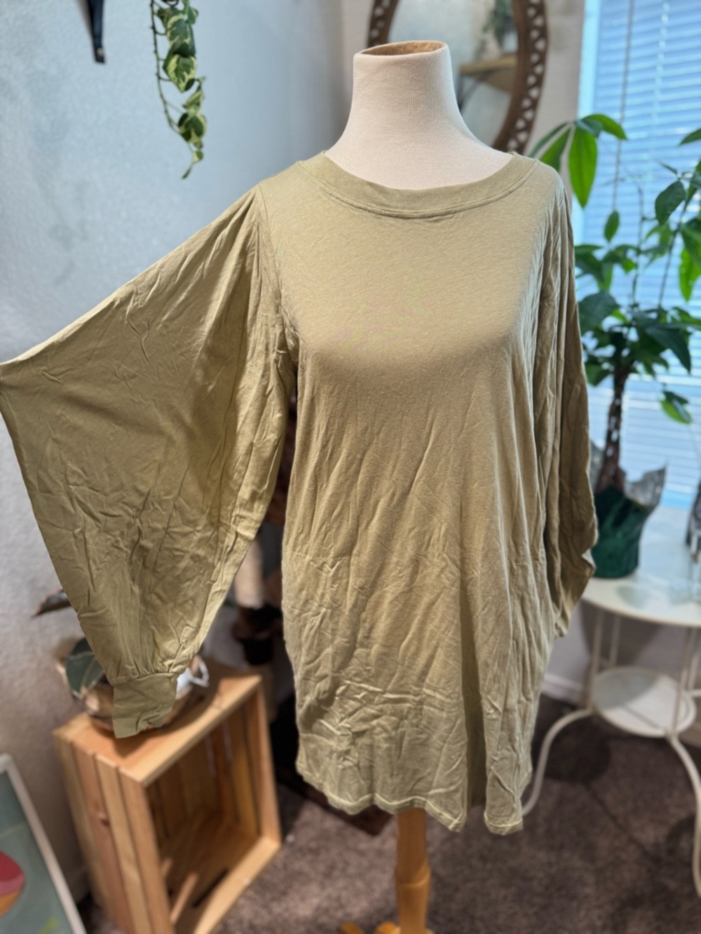 Free People Beach Moss Green Women's Balloon Sleeve Top